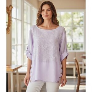 Lungo L' Arno White Floral Embroidered Italian Linen Top Size XL